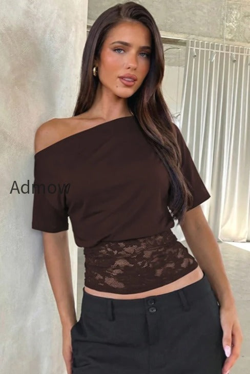 asymmetric-off-shoulder-lace-waist-slim-crop-t-shirt