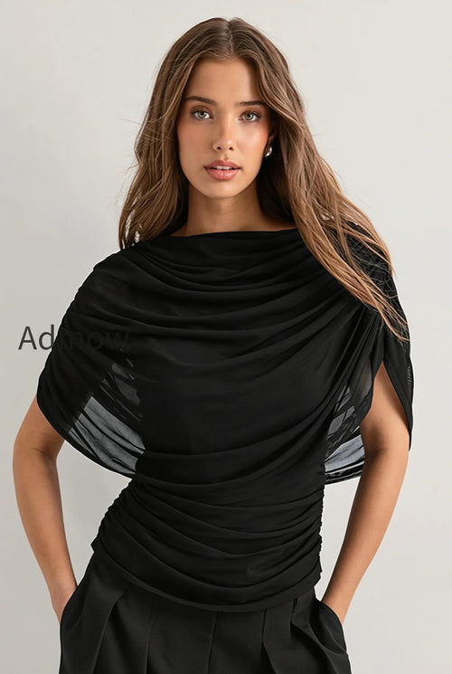 Solid Sheer Ruffle Scarf Neck Blouse