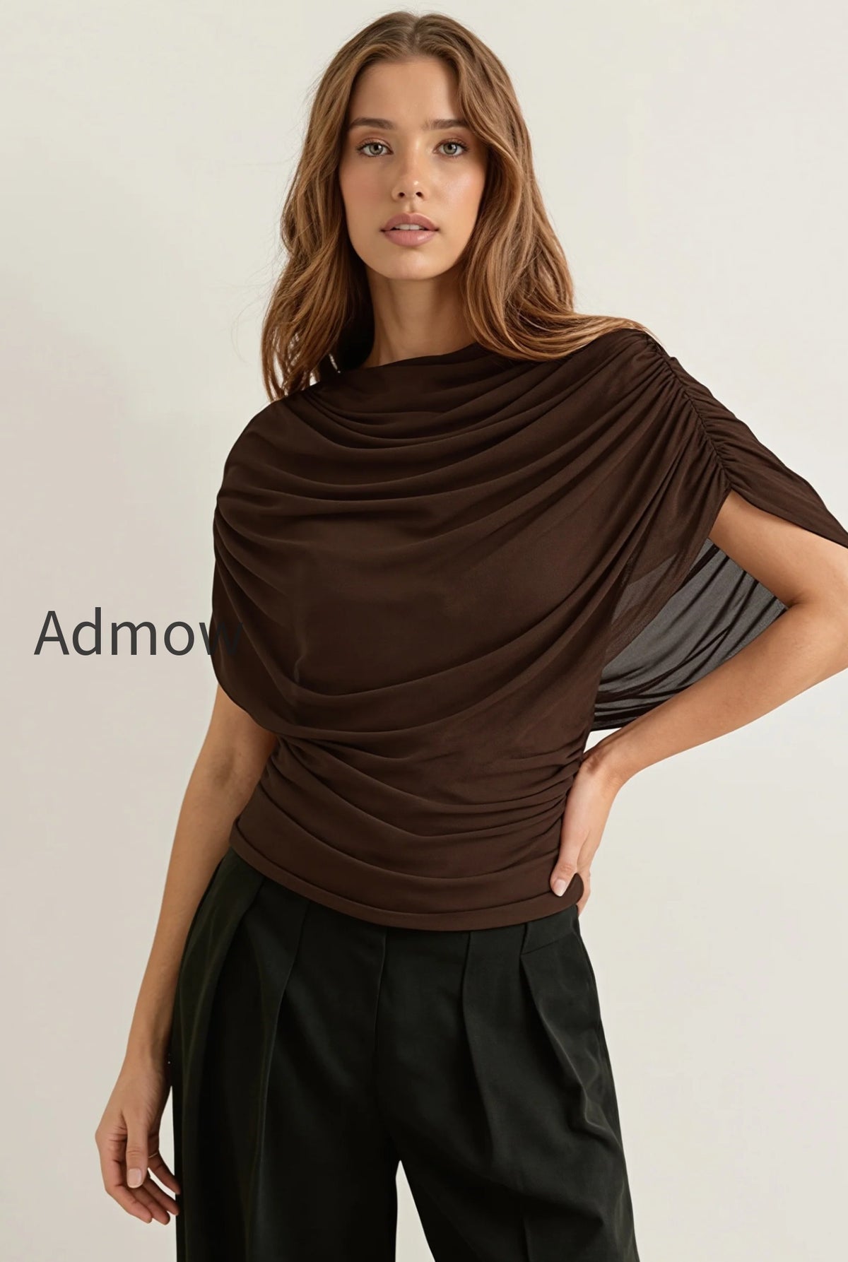 solid-sheer-ruffle-scarf-neck-blouse