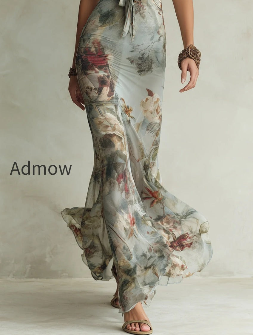 vintage-floral-print-halter-neck-fishtail-chiffon-maxi-dress
