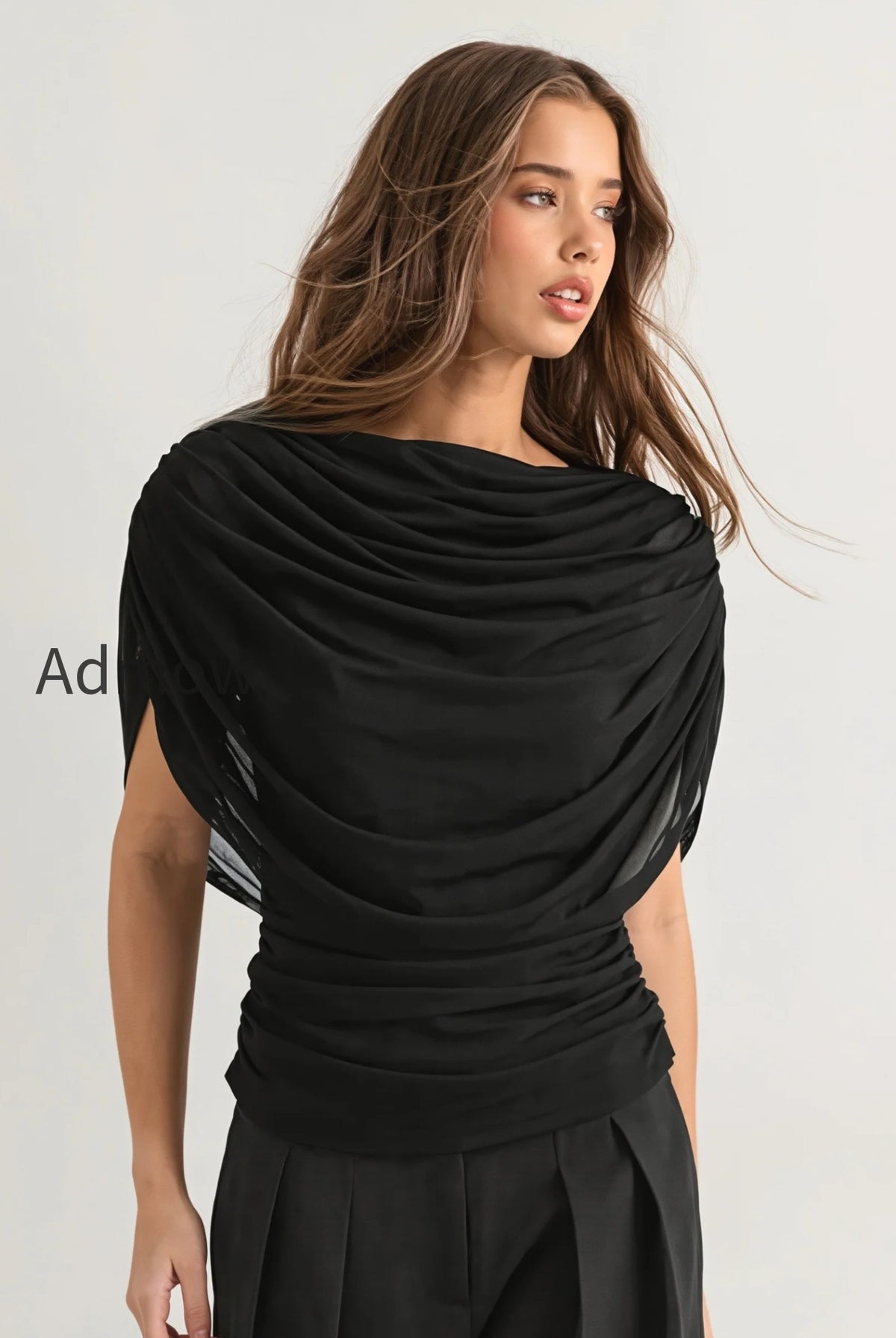 solid-sheer-ruffle-scarf-neck-blouse