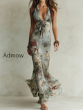 vintage-floral-print-halter-neck-fishtail-chiffon-maxi-dress