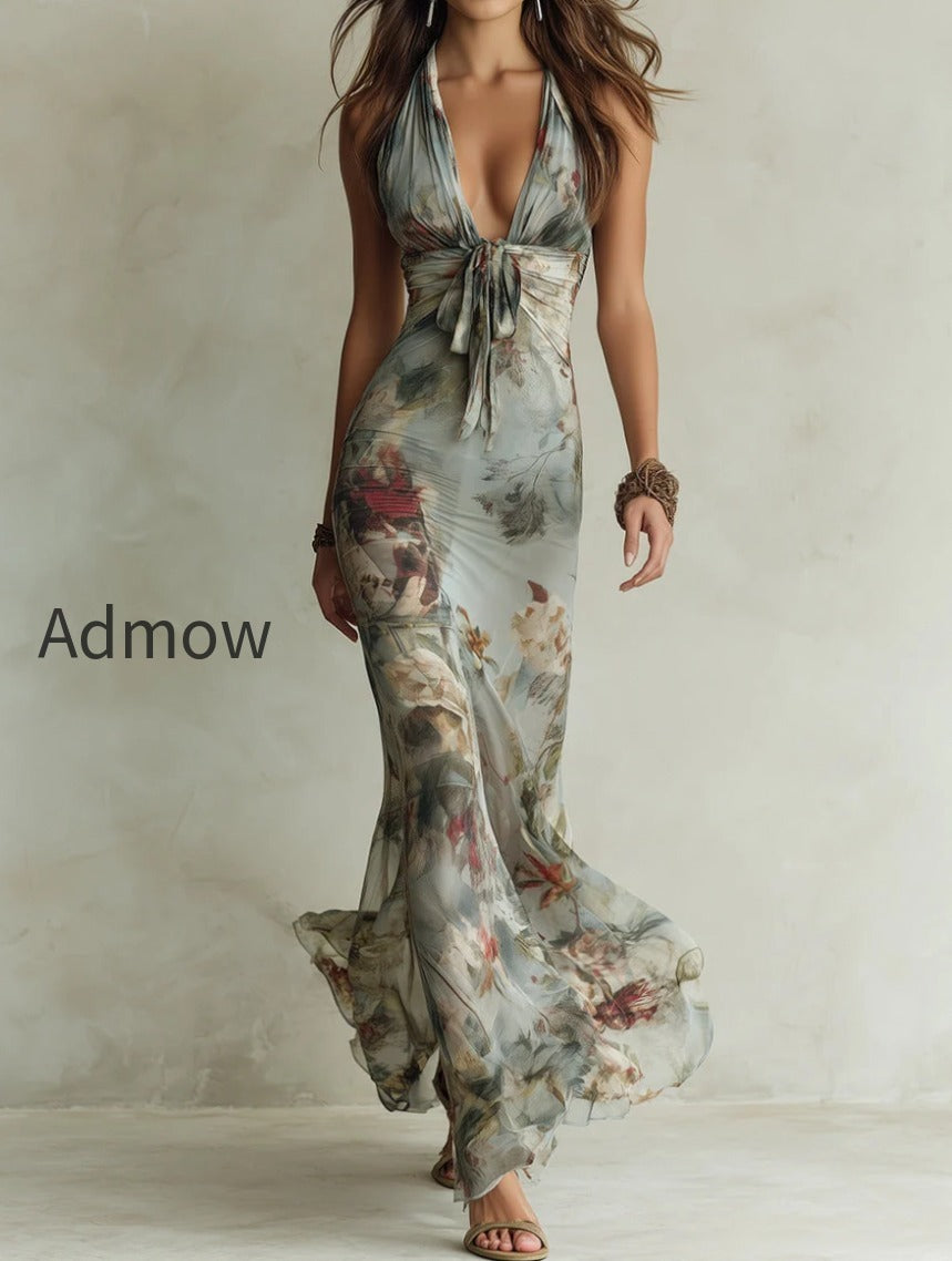 vintage-floral-print-halter-neck-fishtail-chiffon-maxi-dress