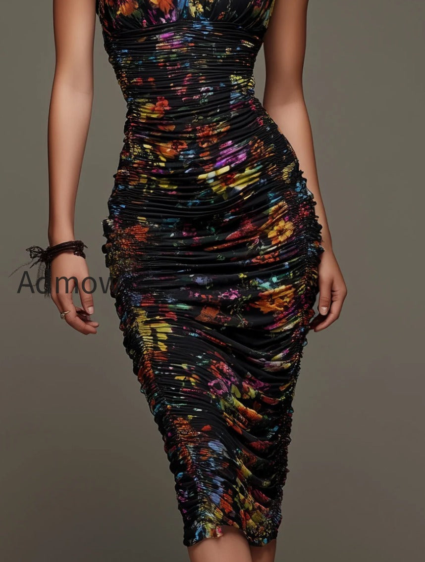 elegant-printed-midi-dress-with-ruffled-sleeves-and-pleats